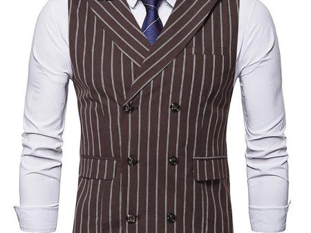 Lapel Collar Double Breasted Coffee Striped Men s Vest Sale