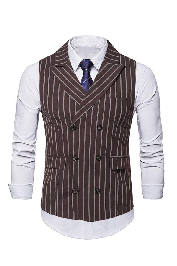 Lapel Collar Double Breasted Coffee Striped Men s Vest Sale