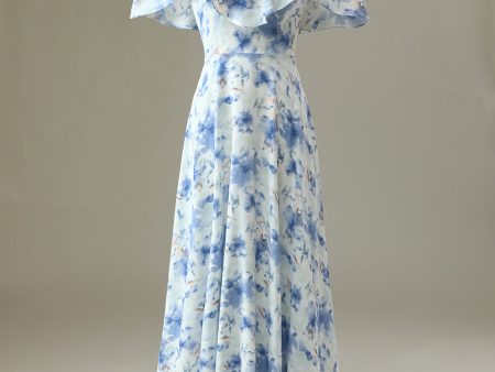 A Line Off the Shoulder Blue Floral Print Long Bridesmaid Dress Online now