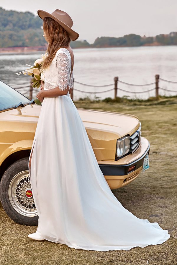 Ivory Lace Chiffon Half Sleeves Boho Wedding Dress With Slit Online now