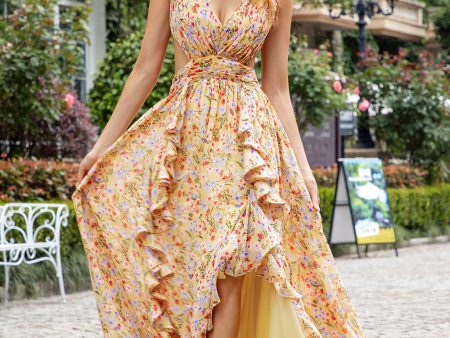 Yellow Small Flower A Line V Neck Pleated Ruffles Wedding Guest Dress For Cheap