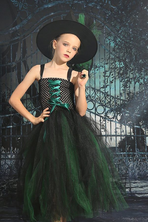 Dark Green Lace-Up Front Tulle Halloween Girl Dress Online Hot Sale