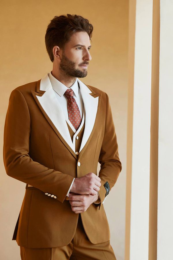 Peak Lapel Single Button Brown Men s Wedding Suits Supply