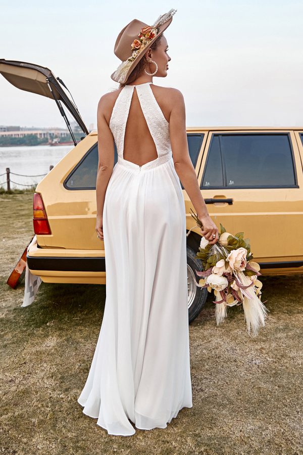 Ivory Lace Chiffon Halter Boho Wedding Dress With Slit For Sale