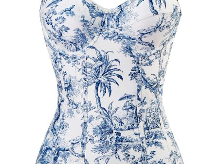 Blue Printed High Waist One Piece Swimwear For Cheap