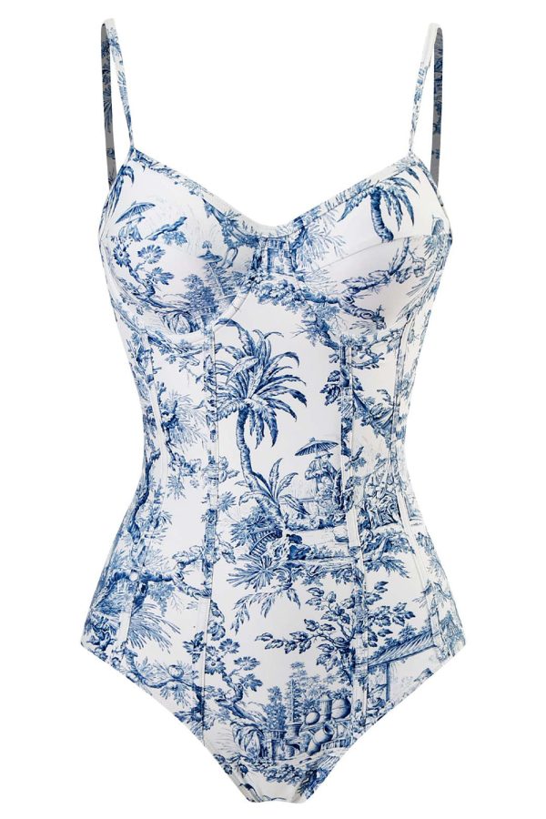 Blue Printed High Waist One Piece Swimwear For Cheap