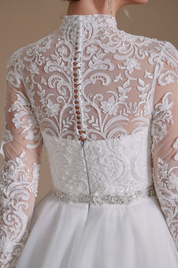 White A-Line High Neck Long Sleeves Wedding Dress with Lace Online Hot Sale