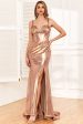 Golden Ruffles Corset Metallic Long Formal Dress with Slit Fashion