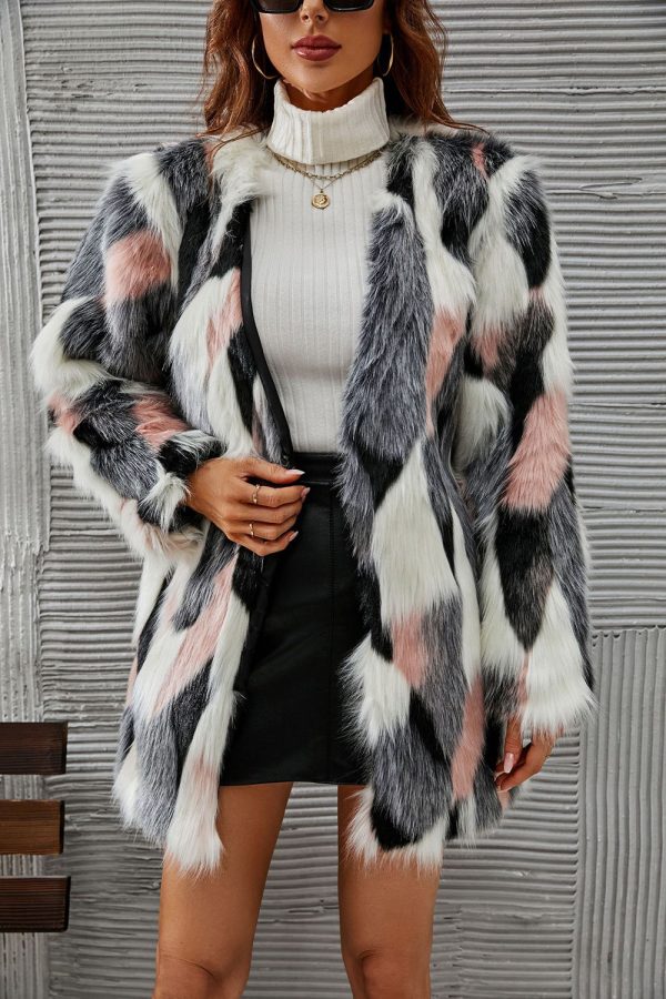 White and Pink Shawl Lapel Midi Faux Fur Shearling Coat Hot on Sale