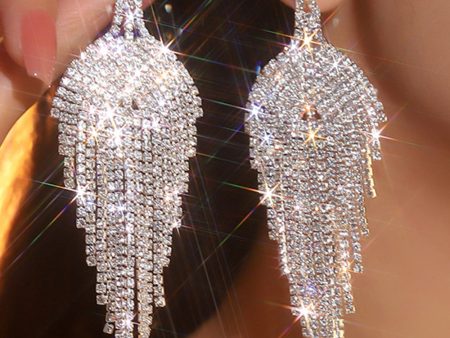 Glitter Silver Tassel Rhinestone Dangle Earrings on Sale