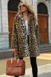 Brown Notched Lapel Leopard Midi Faux Fur Coat on Sale