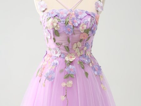 Purple A Line Halter Flowers Tulle Short Homecoming Dress Online Sale