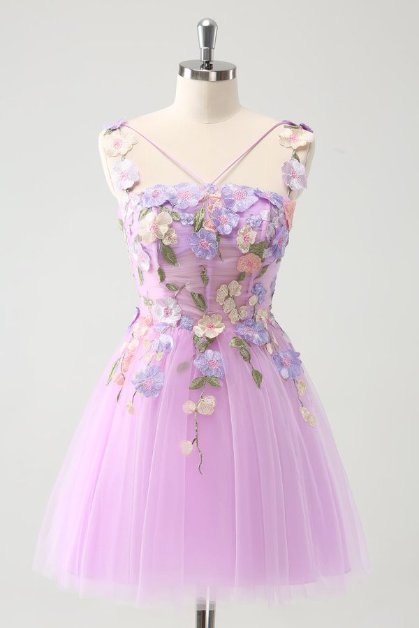 Purple A Line Halter Flowers Tulle Short Homecoming Dress Online Sale