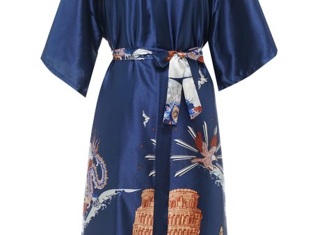 Blue Printed Bridal Satin Robe Online Hot Sale