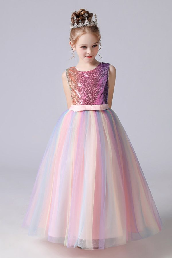 A-Line Sparkly Pink Sequins Kids Girls  Dress with Bows Cheap