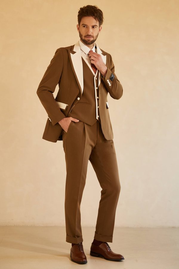 Peak Lapel Single Button Brown Men s Wedding Suits Supply