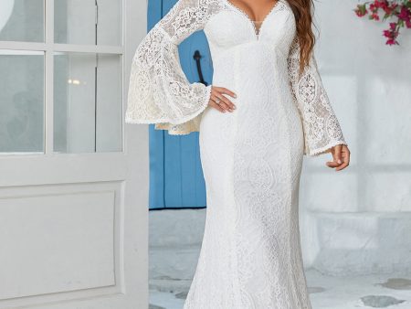 Ivory Mermaid Lace Flare Sleeves Wedding Dress Cheap