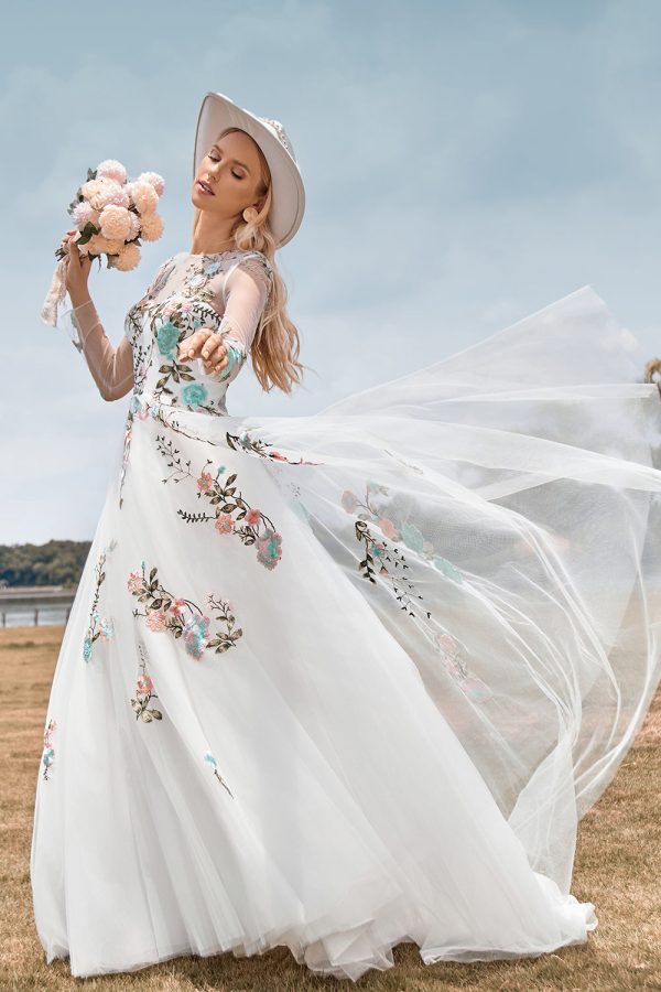 Gorgeous A Line Tulle Long Sleeves Long Ivory Wedding Dress with Embroidery Hot on Sale