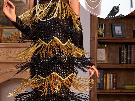 Sparkly Black and Golden Sequins Fringed 1920s Dress with Accessories Set Discount