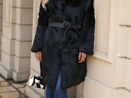 Black Long Faux Fur Shearling Coat with Belt Online Hot Sale