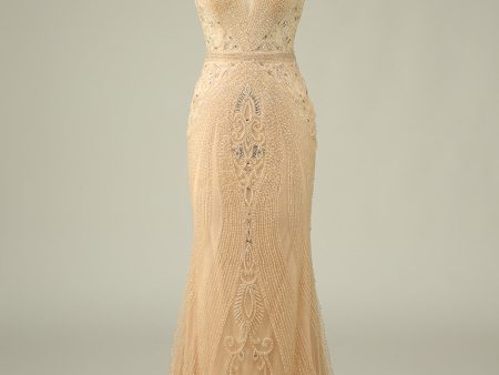 Luxurious Mermaid Jewel Neck Champagne Prom Dress with Beading Discount