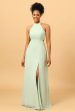 A Line Halter Dusty Sage Long Bridesmaid Dress with Open Back For Cheap