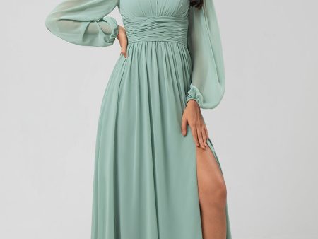 A Line Green Long Sleeves Bridesmaid Dress with Slit Online Hot Sale