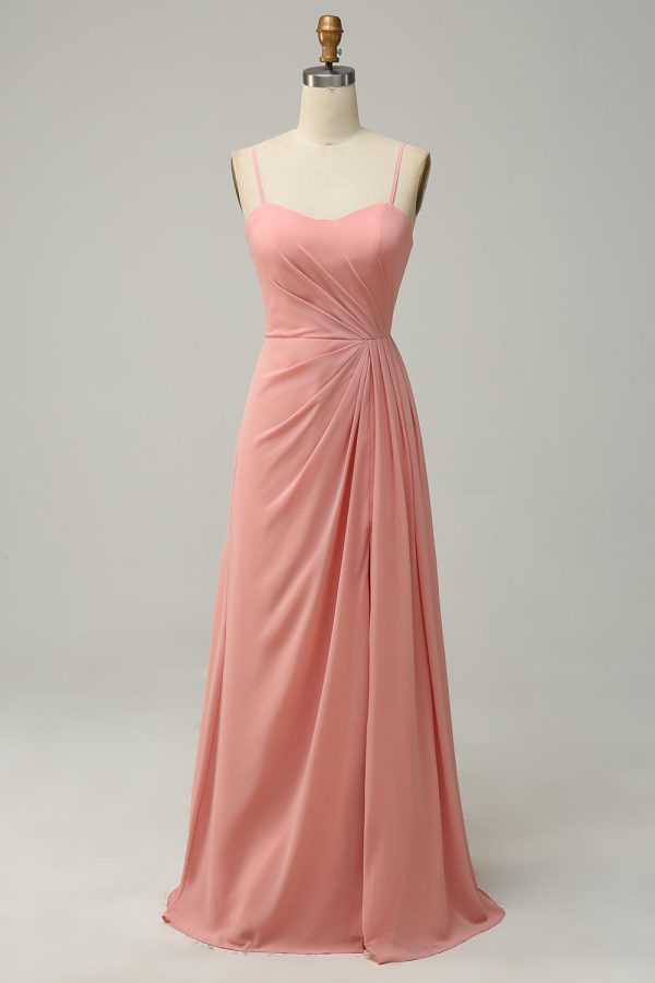 A Line Spaghetti Straps Blush Long Bridesmaid Dress on Sale