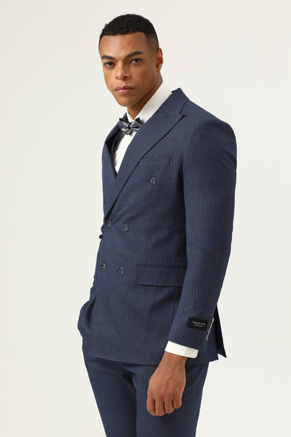 3 Piece Dark Blue Double Breasted Pinstripe Men s Prom Suits Sale