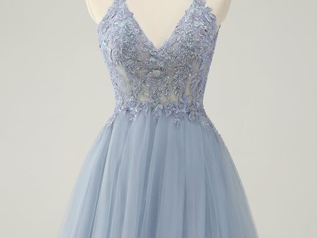 Sparkly Dusty Blue A Line Halter Homecoming Dress with Appliques Fashion