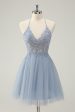 Sparkly Dusty Blue A Line Halter Homecoming Dress with Appliques Fashion