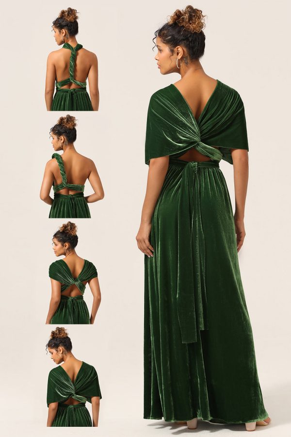 Elegant A Line V Neck Dark Green Covertible Wear Velvet Long Bridesmaid Dress For Cheap