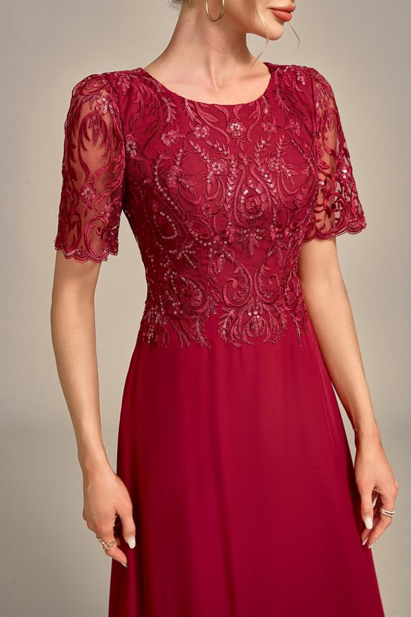 Burgundy A Line Round Neck Sequin Mother of Bride Dress With Appliques Fashion