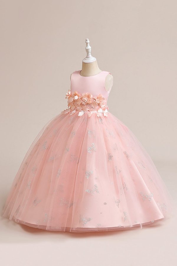 Pink Tulle Sleeveless Girl Dress with Appliques Hot on Sale