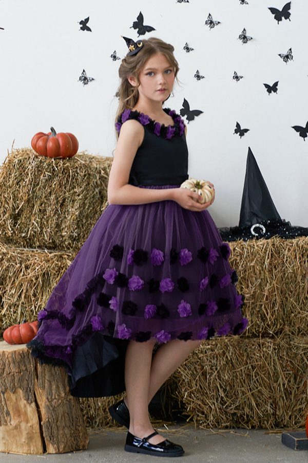 Dark Purple High Low Tulle Halloween Girl Dress With 3D Flower Sale