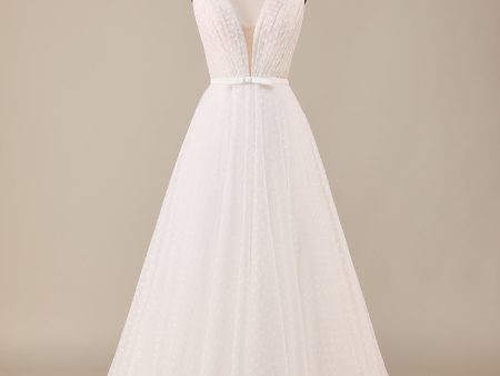 Elegant A Line V Neck Ivory Detachable Watteau Train Tulle Wedding Dress Cheap