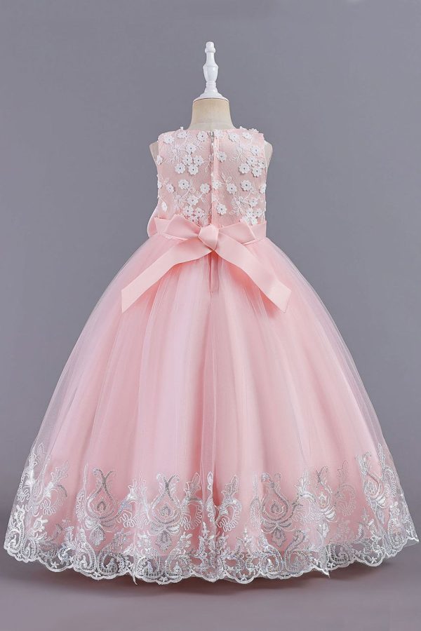 Pink Sleeveless Round Neck Applique Girls Dresses With Bowknot Hot on Sale