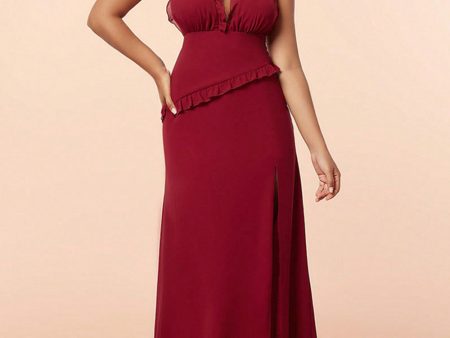 Burgundy Halter Ruffles Prom Dress with Slit on Sale