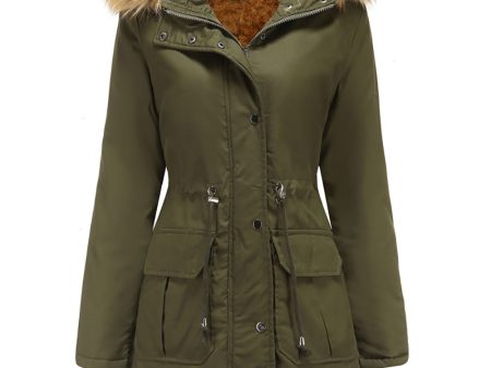 Army Green Fur Collar Drawstring Waist Thickened Mid Coat Cheap