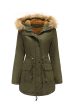 Army Green Fur Collar Drawstring Waist Thickened Mid Coat Cheap