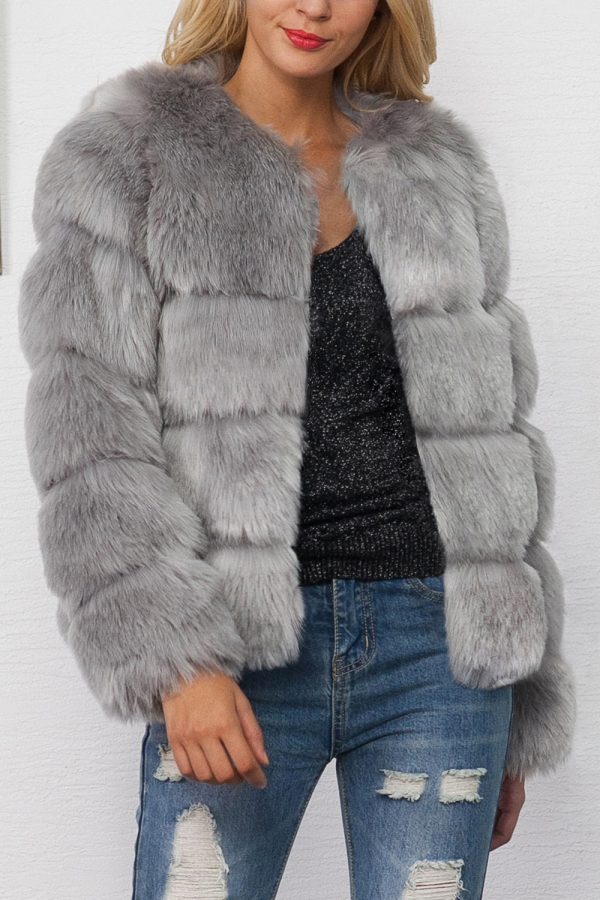 Grey Shawl Lapel Cropped Women Faux Fur Coat Discount