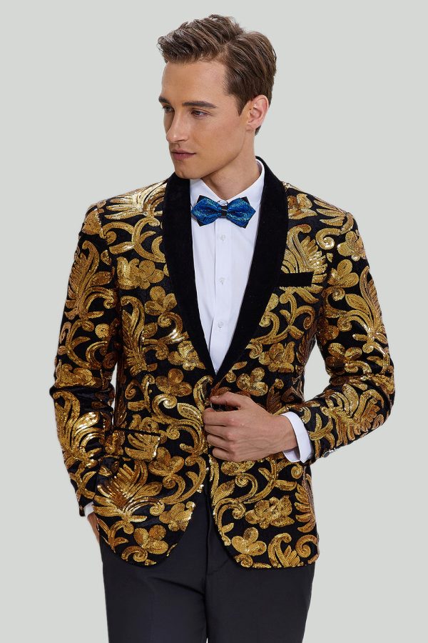 Gold Men s Blazer Slim Fit Solid One Button Business Suit Jacket Online Sale