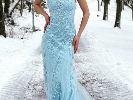 Mermaid Spaghetti Straps Blue Long Prom Dress with Criss Cross Back Online Sale