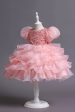 Puff Sleeves Pink Sequined Girls Dresses With Bow For Sale