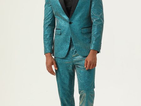 Glitter Peacock Blue Peak Lapel 2 Piece Men s Suits on Sale