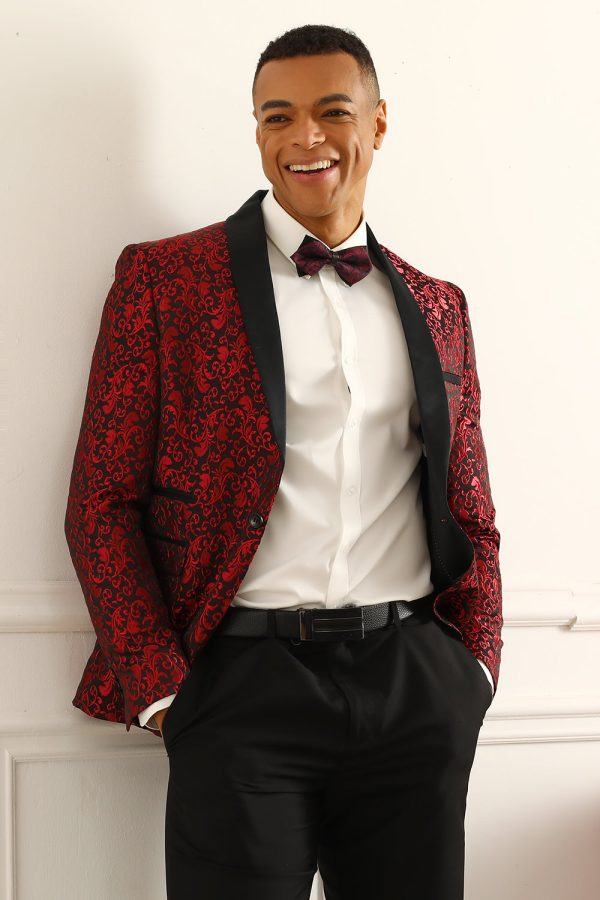 One Button Red Shawl Lapel Jacquard Men s Prom Blazer on Sale