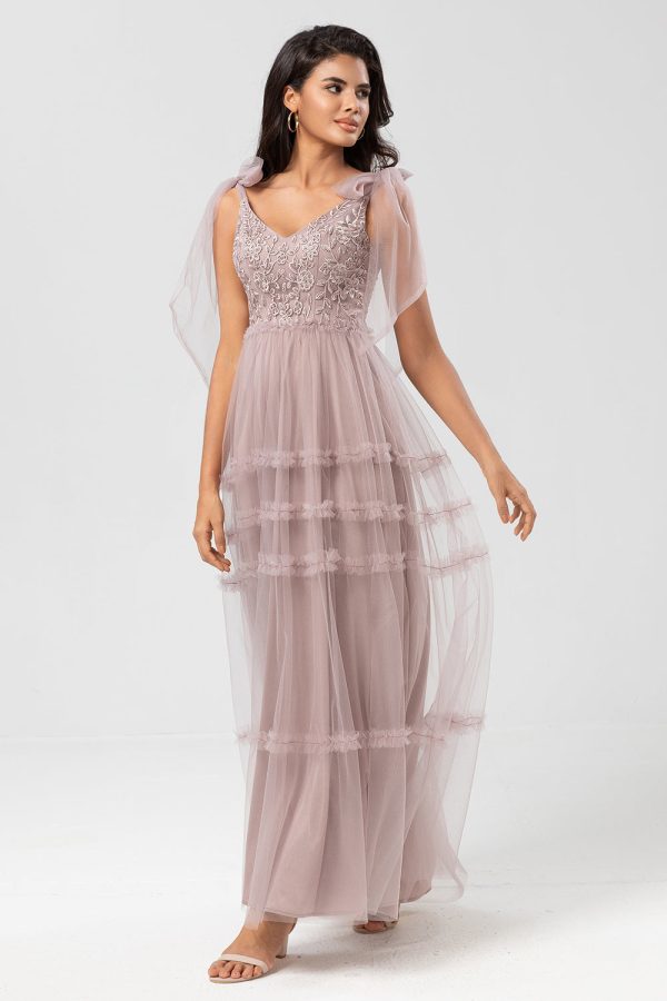 Keeper of My Heart A-Line V Neck Dusty Pink Long Bridesmaid Dress with Beading Cheap