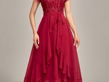 Sparkly Burgundy Asymmetrical Sequin Mother of Bride Dress with Appliques For Sale