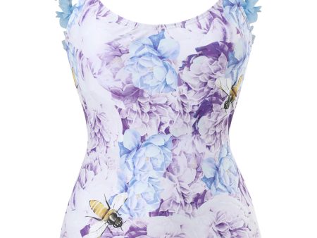 Blue Printed High Waist One Piece Swimwear with Flowers Supply