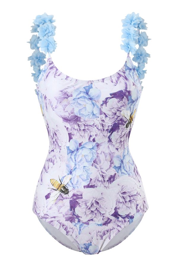 Blue Printed High Waist One Piece Swimwear with Flowers Supply